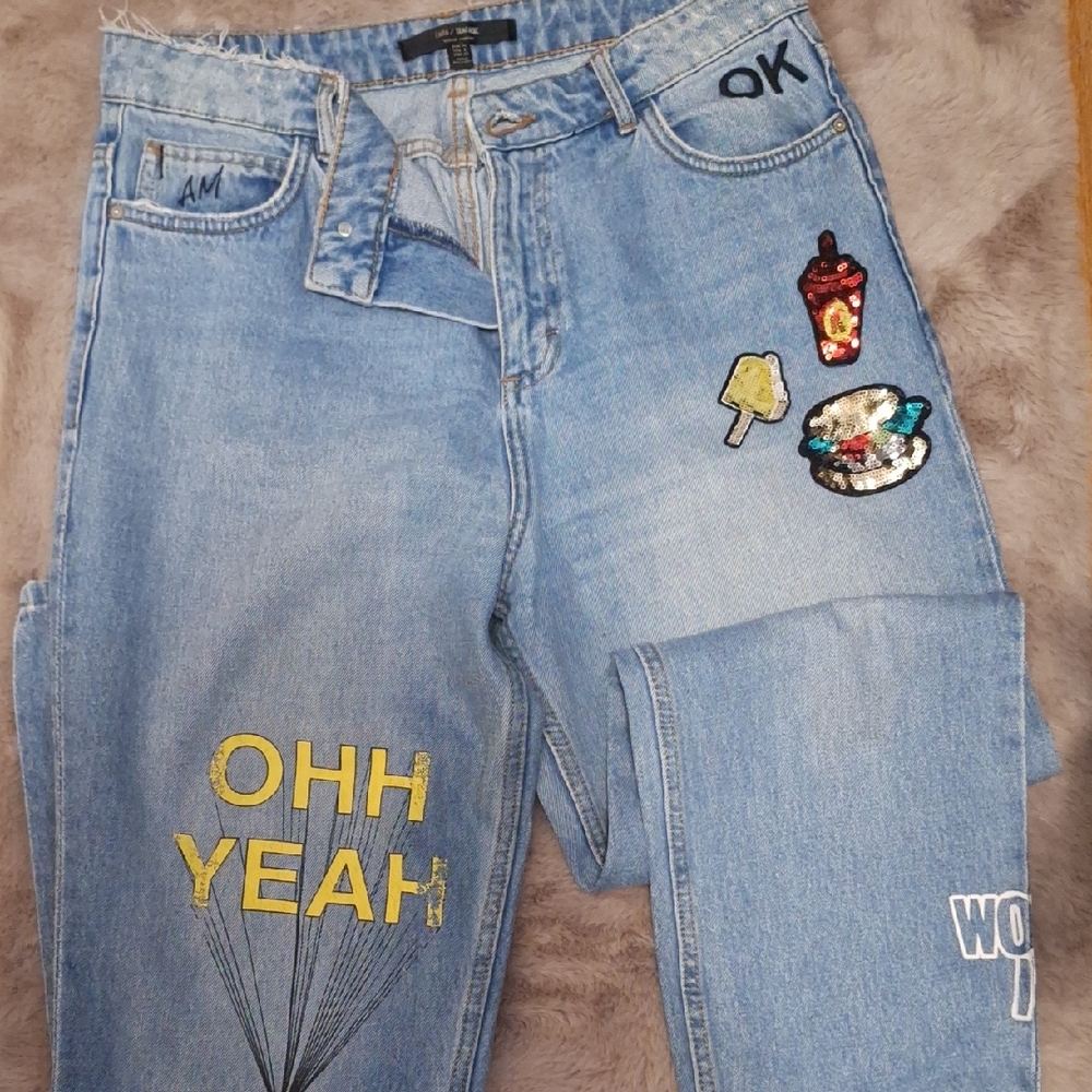 Zara Light Blue Straight Leg Jeans with Fun Patches